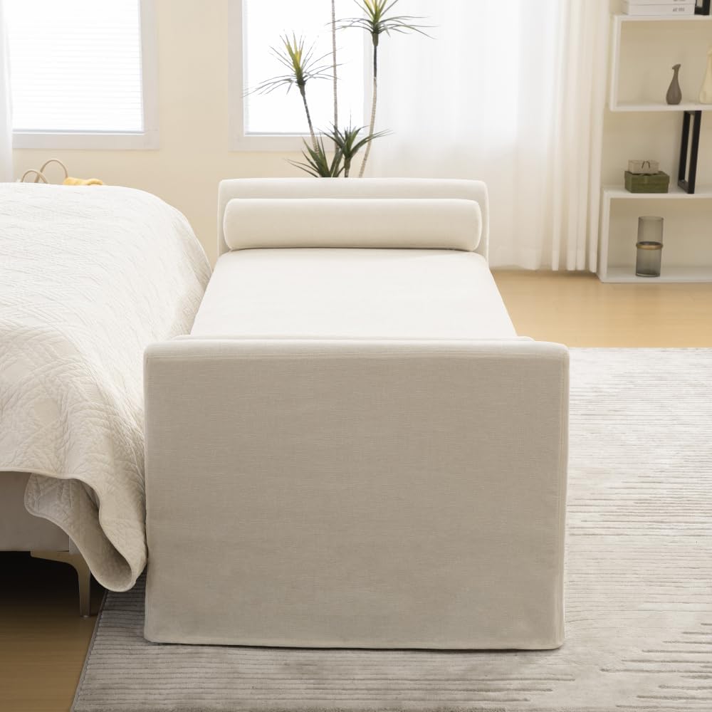 88.58" Chenille End of Bed Bench Chaise Lounge, Upholstered Bedroom Benc...