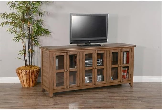 Pemberly Row Doe Valley 70" Transitional Wood TV Cabinet, Taupe Brown Finish, Mahogany Solids and Veneers, Adjustable Shelves, Cord Management, Fits TVs Up to 80", Living Room Media Console
