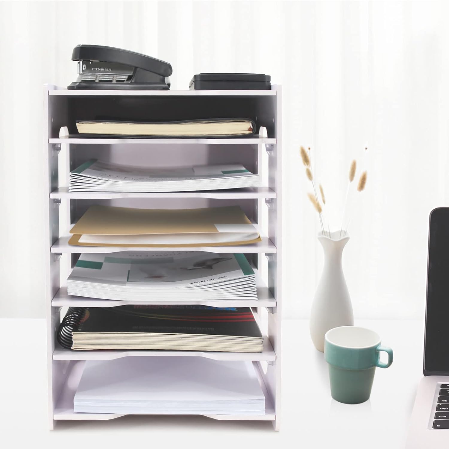 SONGWAY File Organizer for Desk - 7 Tier Document Holder with Removable Shelves, Letter Mail Rack, File Sorter Organizer, A4 Paper Storage Holder, Desktop Organizer for Home Office School, White