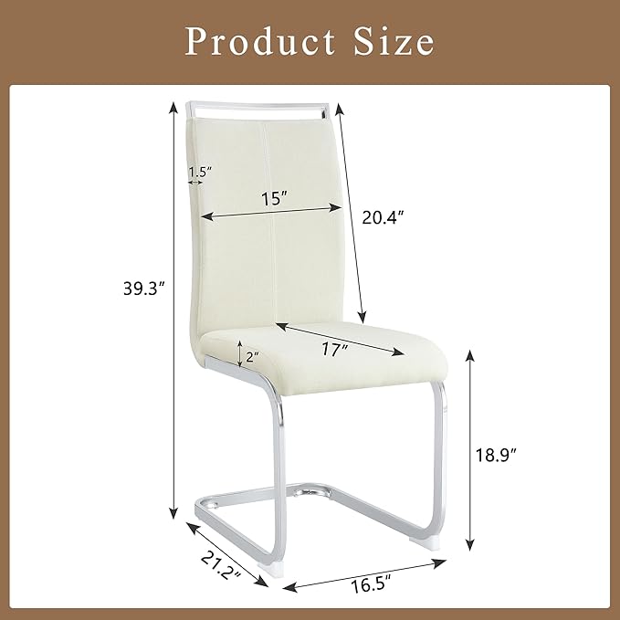 AZmac Modern Dining Chairs Set of 6,Armless Kitchen Chairs,Dining Room Chairs with Upholstered Padded Seat and Sturdy Silver Chrome Meatl Legs for Dining Room,Kitchen (White-Fabric, Set of 6)