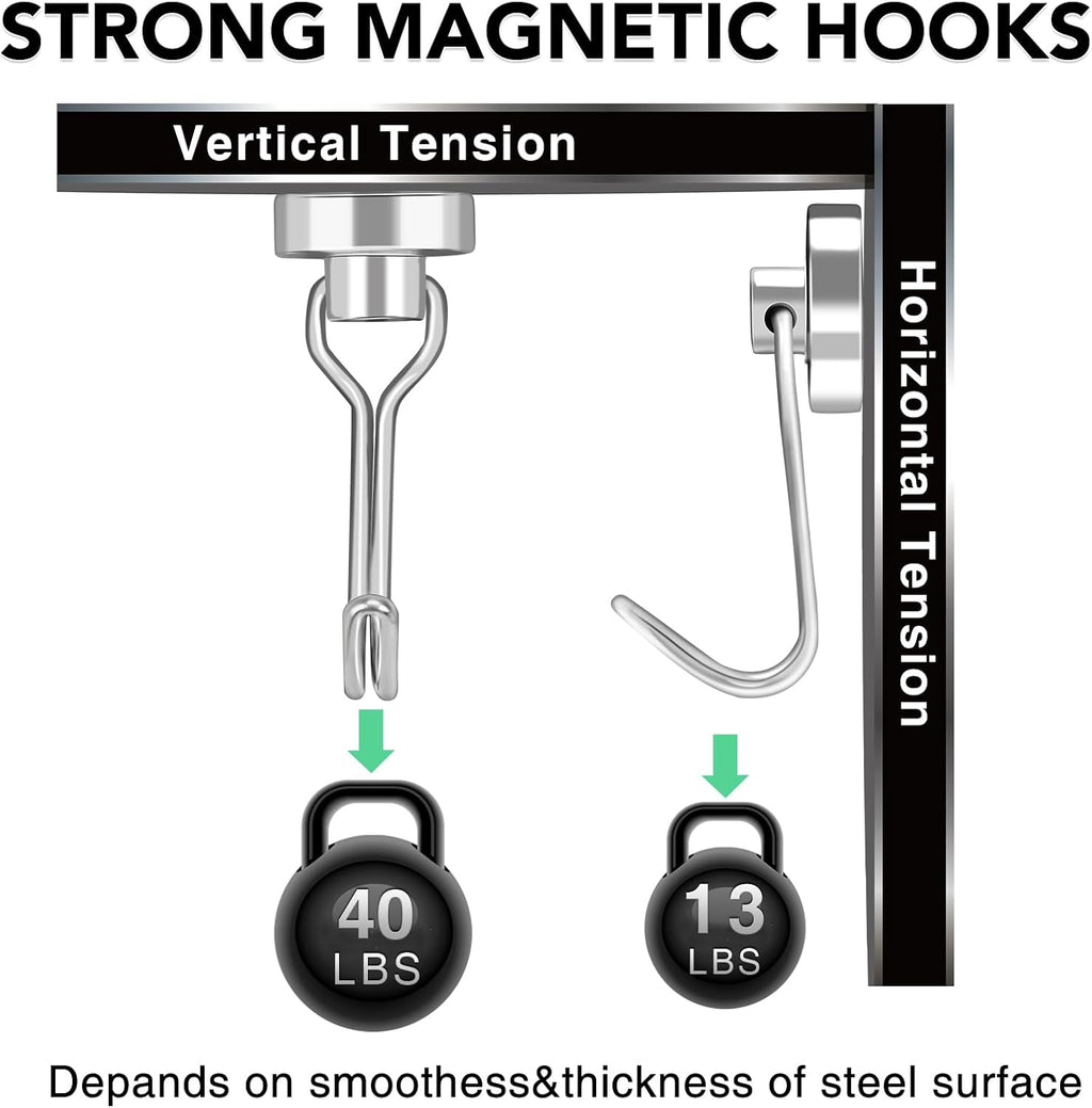 MIKEDE 12 Pack Magnetic Hooks, 40LB Heavy Duty Neodymium Magnet Hooks, Strong Magnetic Swivel Hooks for Hanging, Magnets with Hook Magnetic Metal Hanger for Fridge, Toolbox, Storage