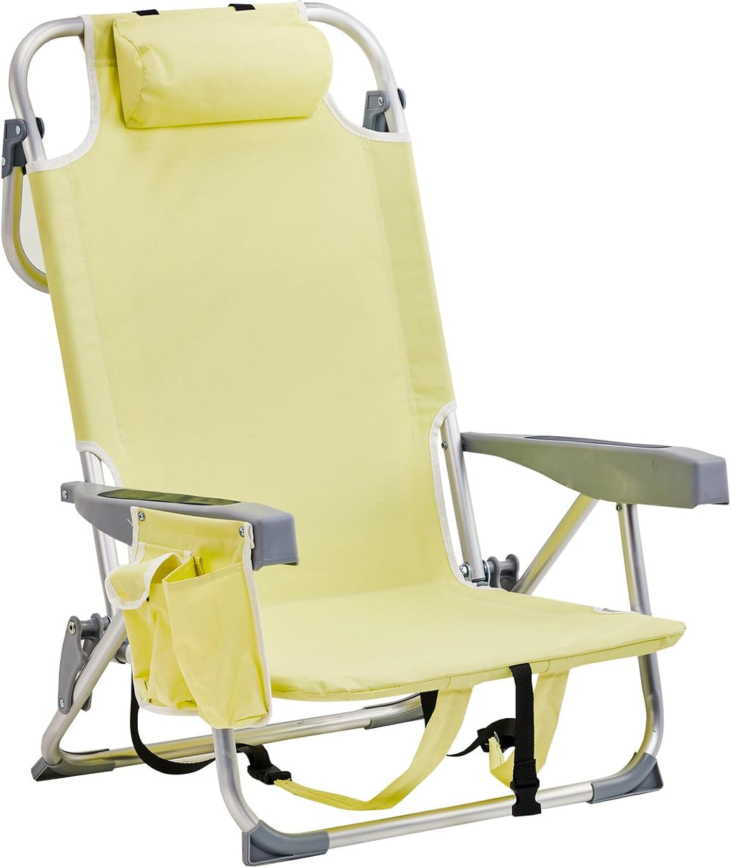 Aluminum Beach Chair Oxford Fabric 100kg Capacity Khaki | Seat Height 20.1 cm, 19.7" x 16.5" Seat, Silver Aluminum Frame, Lightweight Portable, Outdoor Use