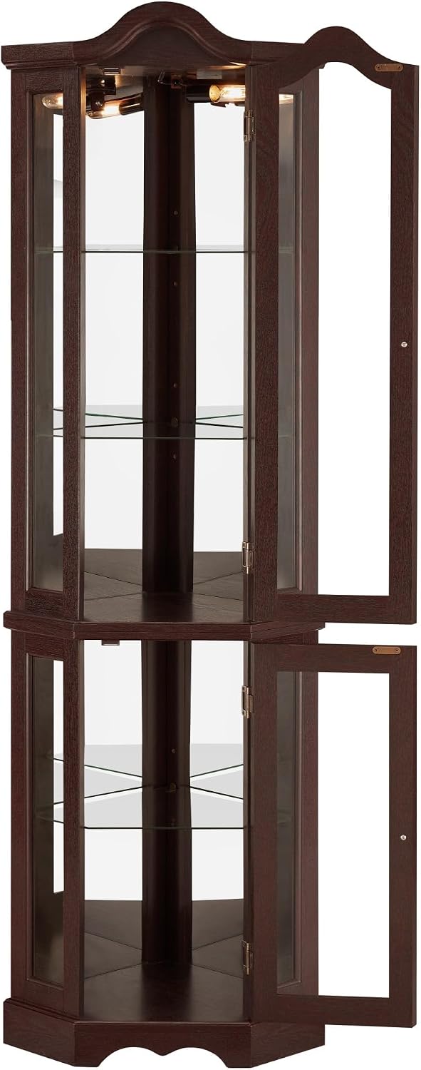 70" Lighted Corner Curio Cabinet,Inside Mirror Corner Glass Display Case...