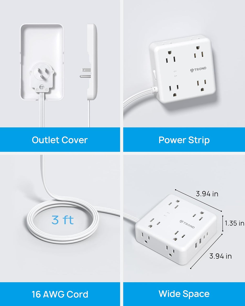 TROND Power Strip with Outlet Cover - Short Flat Extension Cord 3FT with 8 AC Outlets & 4 USB Ports, 13A/1625W, 1700J Surge Protector, Indoor Cord Concealer for Kitchen Home Improvement Essentials