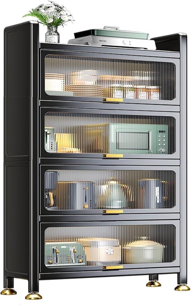 Modern 3-Tier Microwave Rack with Flip Door & Metal Storage - Stylish Kit...