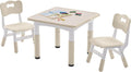 DOREROOM Kids Table and 2 Chairs Set, Height-Adjustable Toddler Table and Chairs Set with Graffiti Desktop, 23.6''L x 23.6''W Children Activity Table for Daycare, Classroom, Home, Burlywood-w