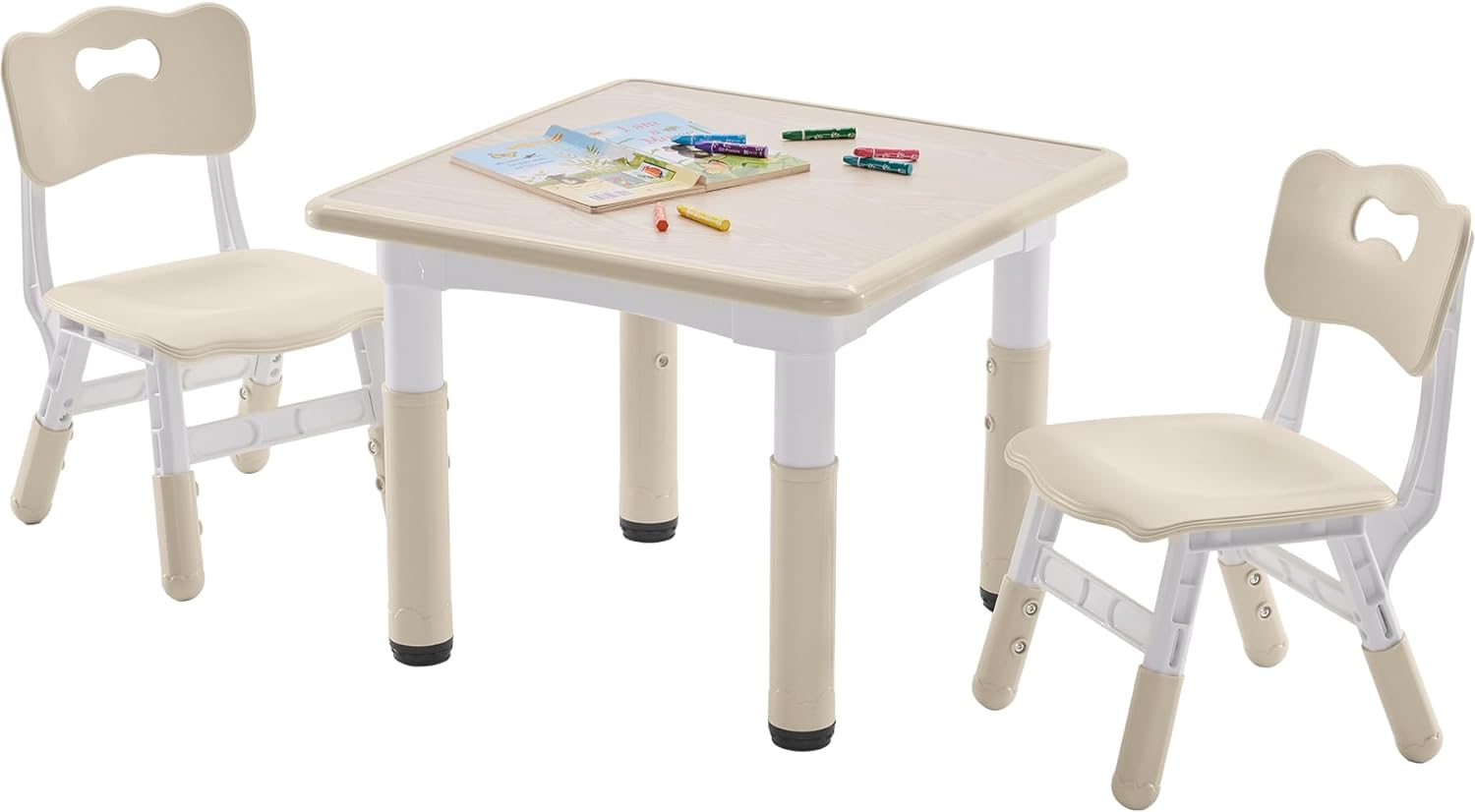DOREROOM Kids Table and 2 Chairs Set, Height-Adjustable Toddler Table and Chairs Set with Graffiti Desktop, 23.6''L x 23.6''W Children Activity Table for Daycare, Classroom, Home, Burlywood-w