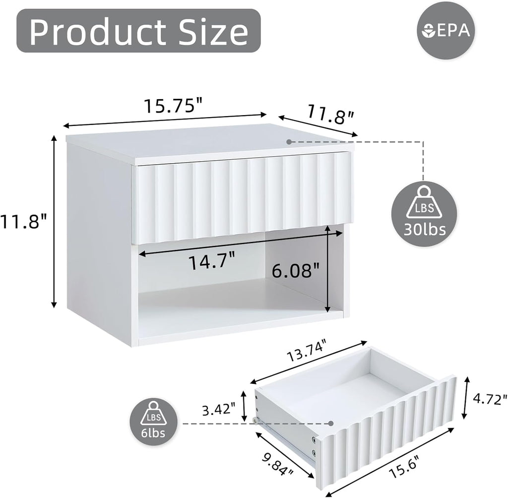 Floating Nightstand with Fluted Drawer - Modern Wall Mounted Bedside Table with Open Storage Shelf, Small Night Stand TV Stand for Bedroom(Matte White, Set of 2)