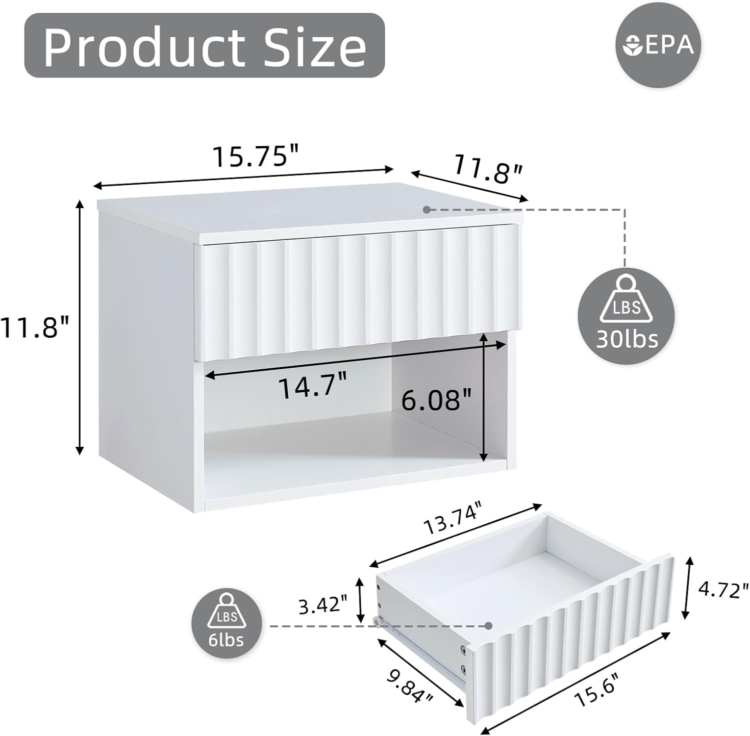 Floating Nightstand with Fluted Drawer - Modern Wall Mounted Bedside Table with Open Storage Shelf, Small Night Stand TV Stand for Bedroom(Matte White, Set of 2)