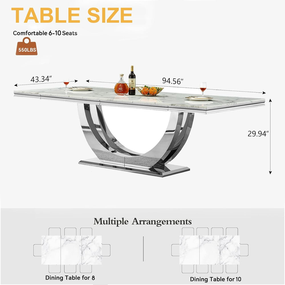 94.5" Large Dining Table for 10-12 People, Modern White Rectangle Kitche...