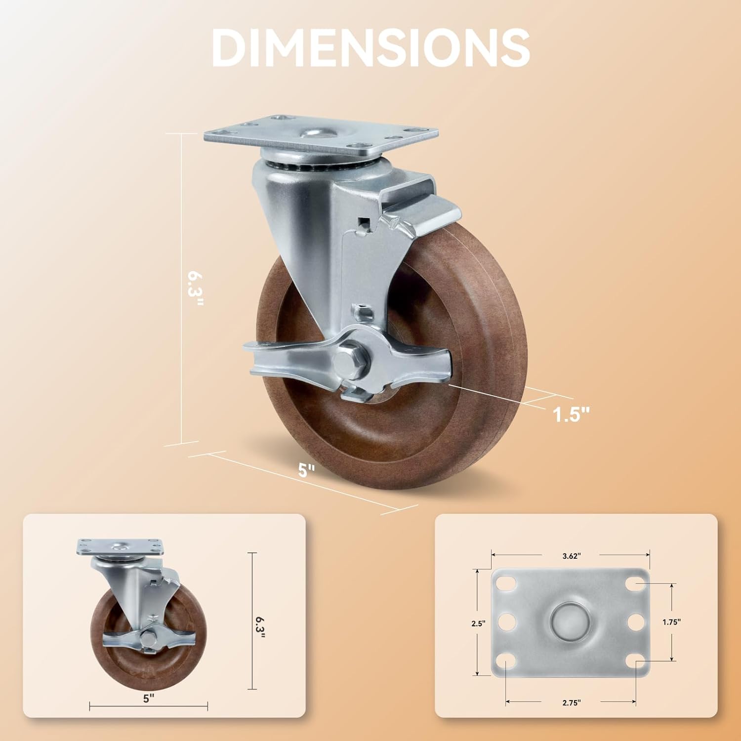 5" Hi-Temp Glass FiIled Nylon Casters, Heavy Duty Casters Set of 4, Industrial Caster Wheels for Commercial Kitchen, Bakery - 2800 lbs Capacity(2 Swivel & 2 Brake)