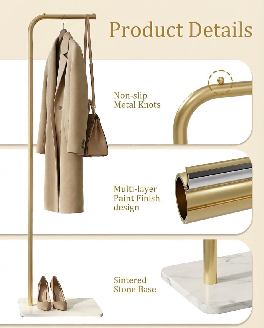 Coat Rack, L-Shaped Freestanding Metal Clothes Stand with Sintered Stone Base, Stable & Sturdy Storage for Coats, Hats, Bags, and Scarves, Ideal for Entryway, Office, and Bedroom, 15.7" x 9.8" x 67"