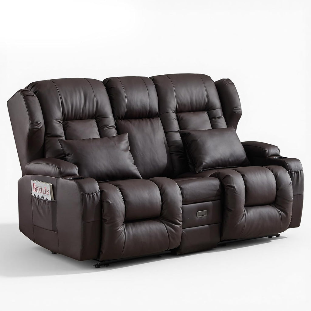 Loveseat Recliner Sofa,RV Wall Hugger Recliners with Flip-up Console,Reclining Loveseat Sofa Recliner with Cup Holders/Lumbar Pillows for Small Spaces,RV Furniture (PU Brown, 68" 2-Seater)