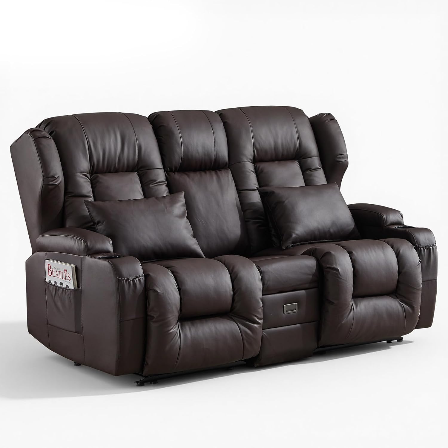 Loveseat Recliner Sofa,RV Wall Hugger Recliners with Flip-up Console,Reclining Loveseat Sofa Recliner with Cup Holders/Lumbar Pillows for Small Spaces,RV Furniture (PU Brown, 68" 2-Seater)