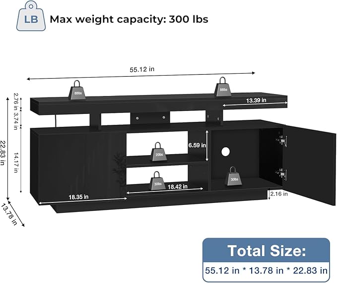 HOMMPA LED TV Stand for 65/60/55 inch TV Modern Entertainment Center with Power Outlets, Gaming TV Consoles with Storage Media Table with LED Lights Game Cabinet for Living Room Black