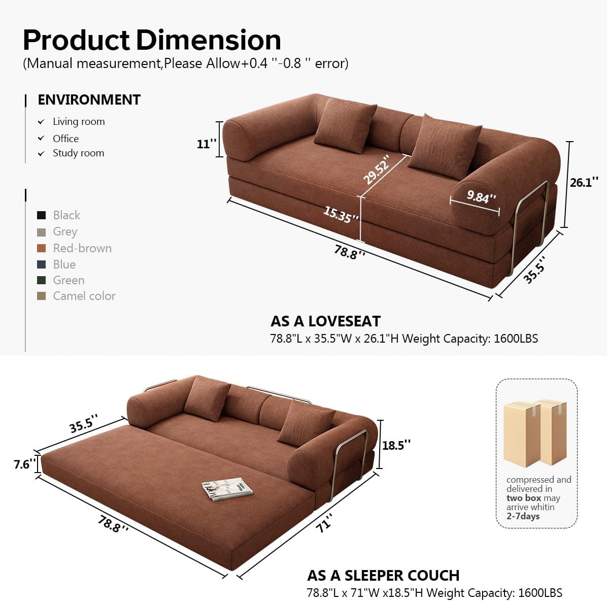 78.8" Modular Sofa Bed - 4-in-1 Convertible Design with Corduroy Fabric and High Density Sponge, Removable Cover and Fixed Frame