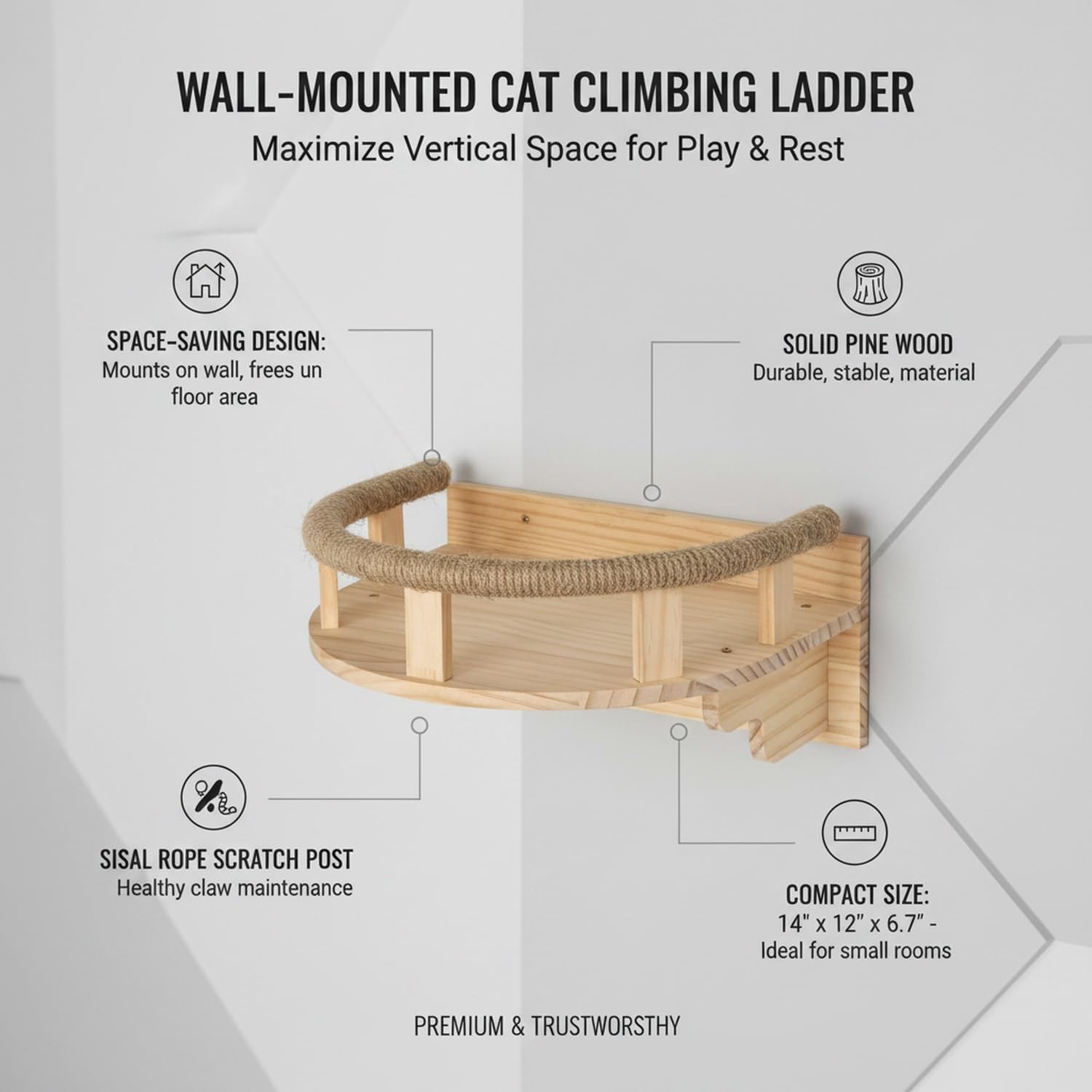 Space-Saving Wall Ladder: Solid Pine & Textured Rope Post for Apartments, 14 x 12 x 6.7 Inches
