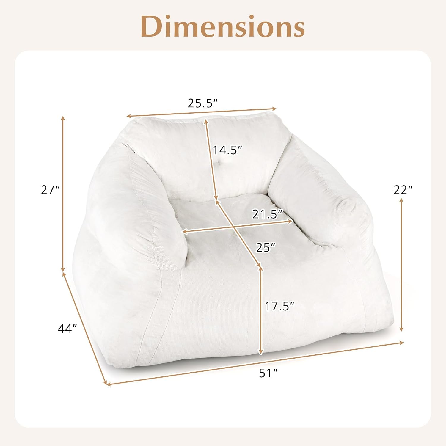 GOFLAME Bean Bag Chair for Adults, Giant Beanbag Chair with Soft Velvet Cover, Sponge Filling & Non-Slip Base, Lazy Floor Sofa for Living Room, Bedroom, Reading Room, Beige