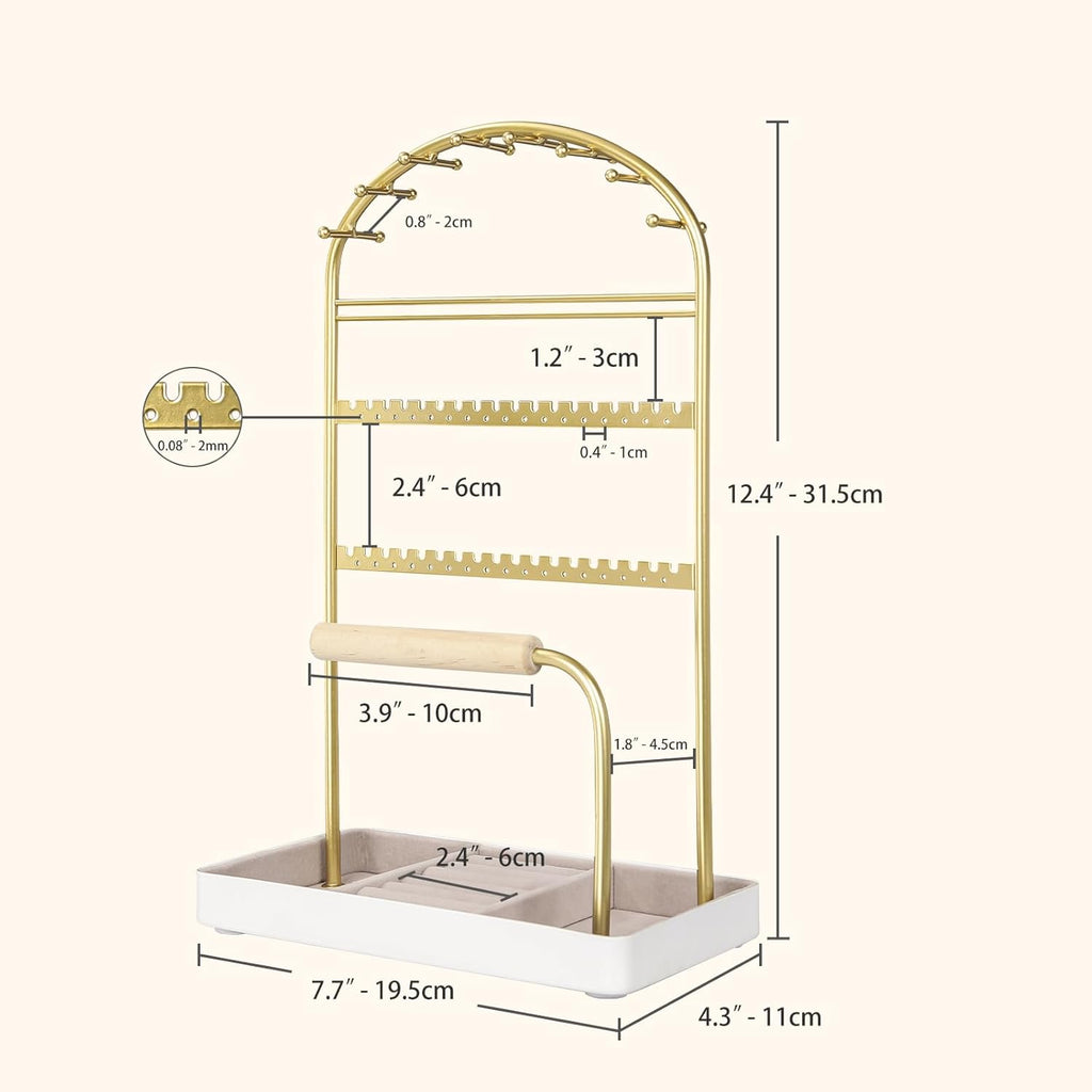 Multi-Functional Jewelry Holder Organizer Necklace Display Stand Velvet Lined Bar for Rings 2 Tier with 18 Hooks, 32 Earring Holes - Sturdy and Durable, Easy Organization White & Gold