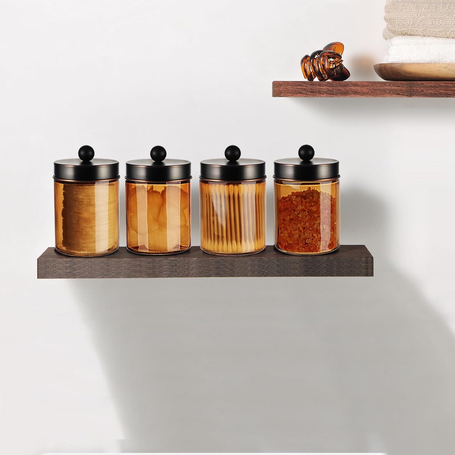 Amolliar Amber Bronze Glass Apothecary Jar With Metal Lid & Labels, Bathroom Qtip Holder Dispenser Storage Canister, Perfect for Cotton Balls, Cotton Swabs, Makeup Pads, Bath Salt, Floss, 2 Pack (ORB)