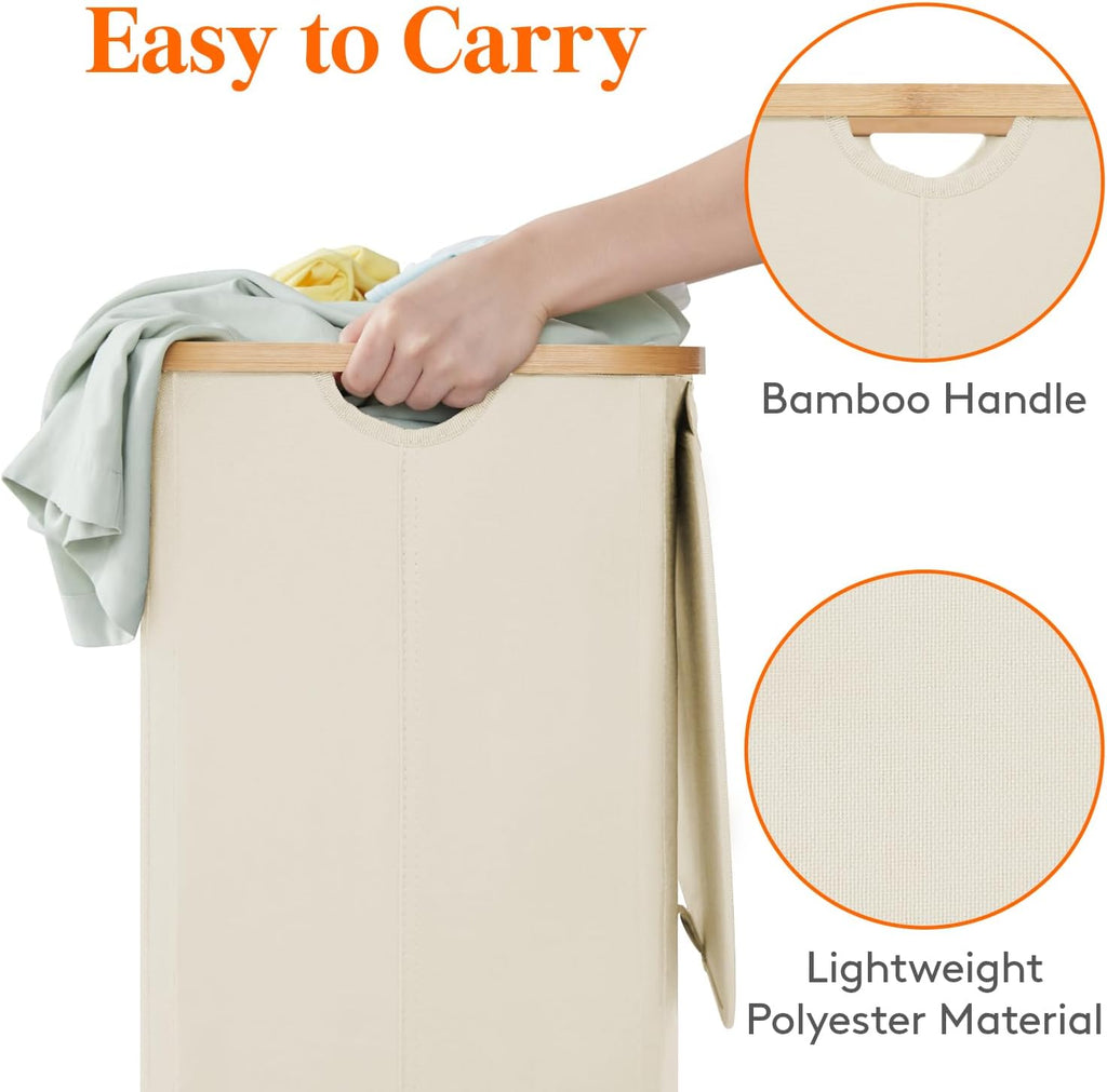 Lifewit 100L Laundry Basket with Lid, Clothes Hampers for Laundry with Bamboo Handles and A Removable Bag, Large Foldable Laundry Hamper for Bedroom, Bathroom, Dorm, Laundry Room, White