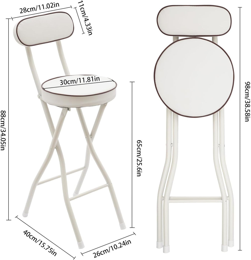 Set of 2-Folding Bar Stool Chair with Back, White Tall Foldable Chair Leather...