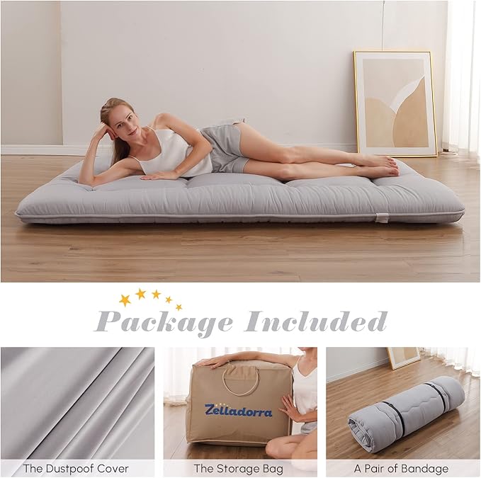 Japanese Floor Mattress, Futon Mattress with Portable Storage Bag and Washabl...