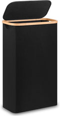 60L Slim Laundry Hamper,Laundry Basket with Lid,Tall Hamper for Laundry,Dirty Cloth Hamper with Bamboo Handle for Toys,Towels, Clothes Organizing,Black