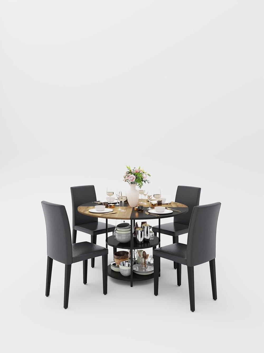 47 Inch Round Dining Table Set for 4，Kitchen Table and Chairs for 4 with Stor...