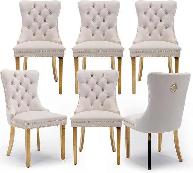 Velvet Upholstered Dining Chairs Set of 6, Modern Style Kitchen Side Chairs with Nailhead Trim and Gold Plated Leg, Metal Pulling Ring for Dining Room Living Room(Beige-Gold Plated Leg)