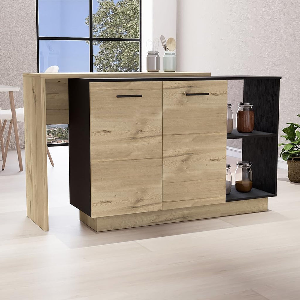 Kitchen Island with Double Doors and Three Shelves in Black | Includes two ex...