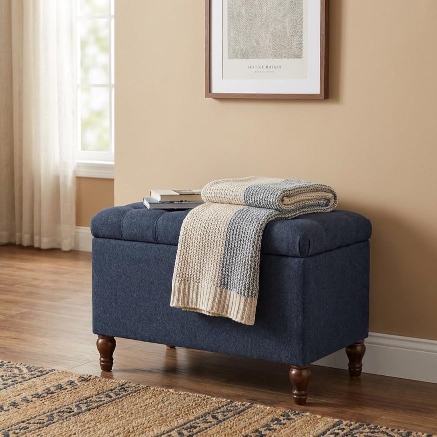 Spatial Order 24" Button Tufted Storage Ottoman - Blue Woven Fabric