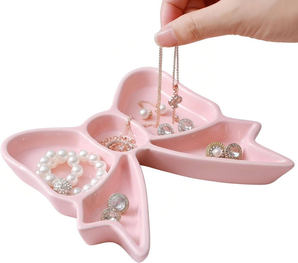 LemonRoad Bow Tray Jewelry Dish Coquette Room Decor Girls Storage Trinket Rings Necklace Earrings Ceramic Bow Organizer Gift