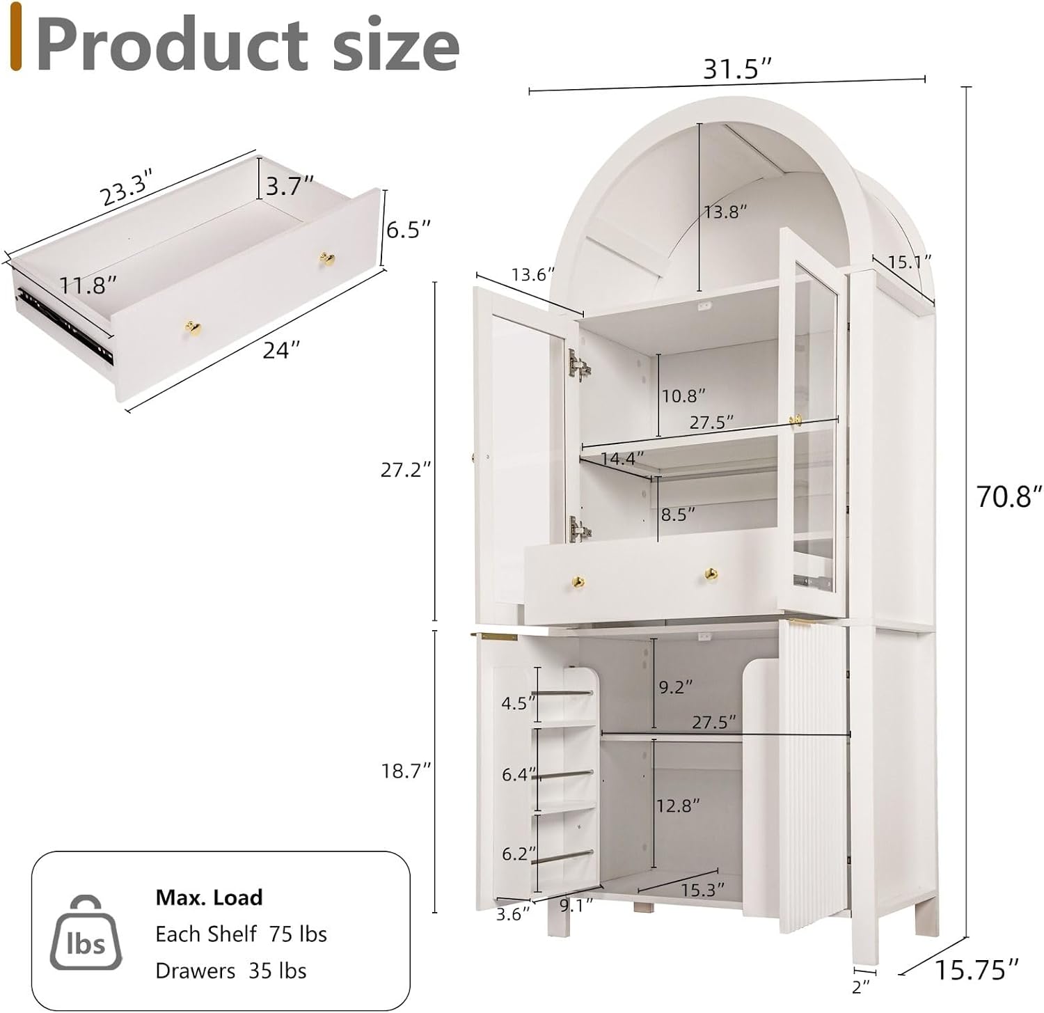 71" Tall Arched Pantry Cabinet with Adjustable Shelves, Kitchen Storage with Glass Doors, Modern Fluted Cabinet with Drawer, Display Unit for Kitchen, Dining Room