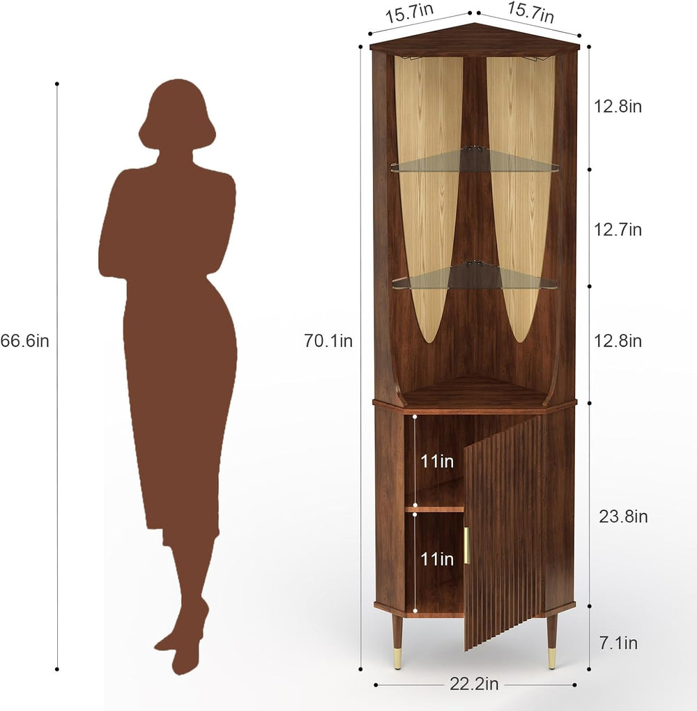 JOINICE Tall Corner Bar Cabinet for liquor,Mid-Century Modern,Walnut,70"