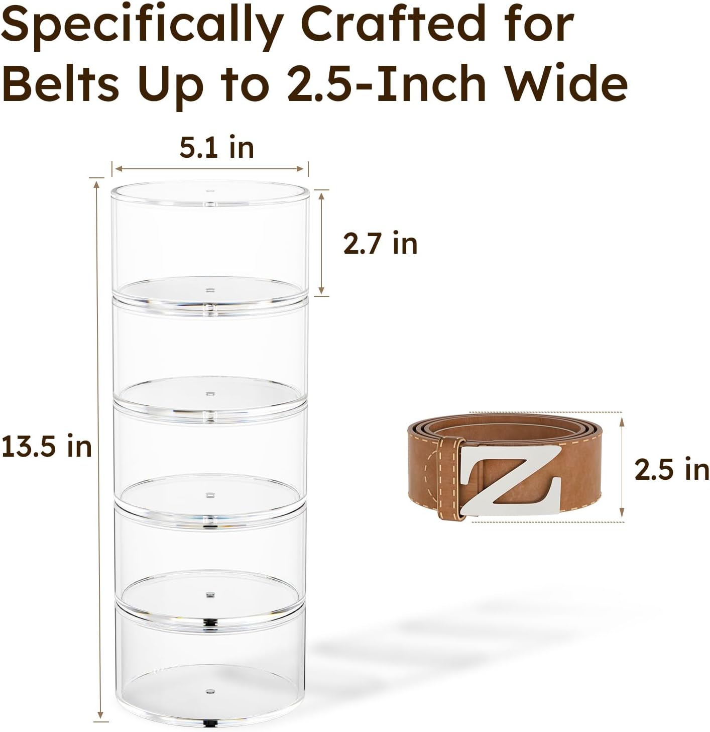 FEMELI Belt Organizer, Acrylic Belt Storage Holder for Closet & Drawer, 5-Layer Stackable Display Case for Belts, Watches, Jewelry and Ties