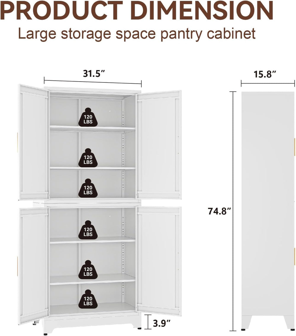 Metal 2-in-1 Combination Kitchen Pantry Cabinet, 75" Tall Farmhouse Stan...