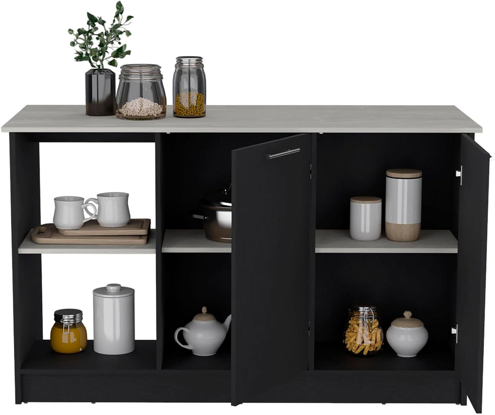 Kitchen Island with Large Top Surface and Double Door Cabinet Black/Ivory | I...