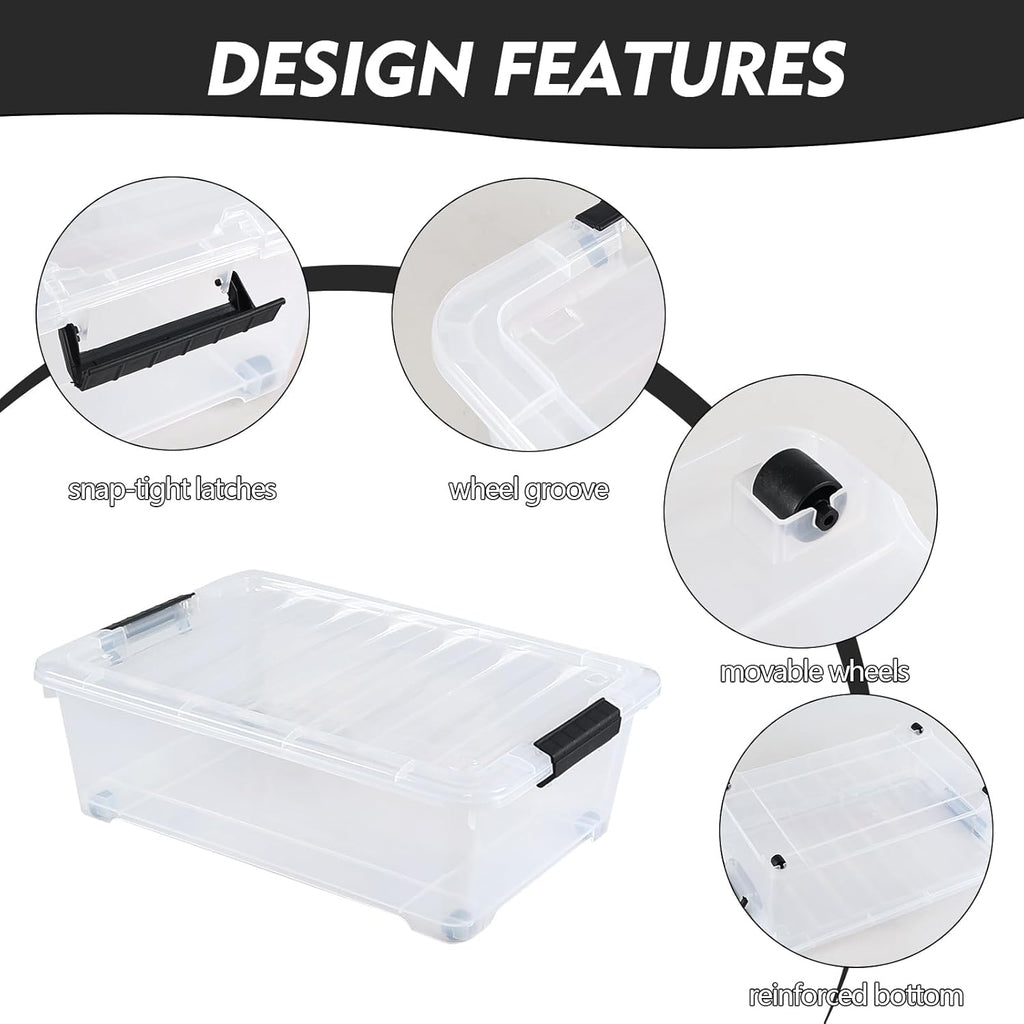 25 L Under Bed Storage Containers Plastic, 3 Packs Latch Storage Box with Wheels