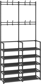 Laiensia 5-Tier Entryway Coat Rack, Coat and Shoe Rack, Entryway Bench Storage Organizer with 8 Hooks for Bedroom, Hallway, Office, Black