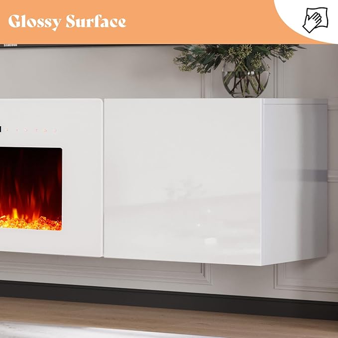AMERLIFE Floating Fireplace TV Stand, Wall Mounted Mirrored Entertainment Center with 40" Electric Fireplace, Modern LED Lights Media Console for TVs Up to 90", All White