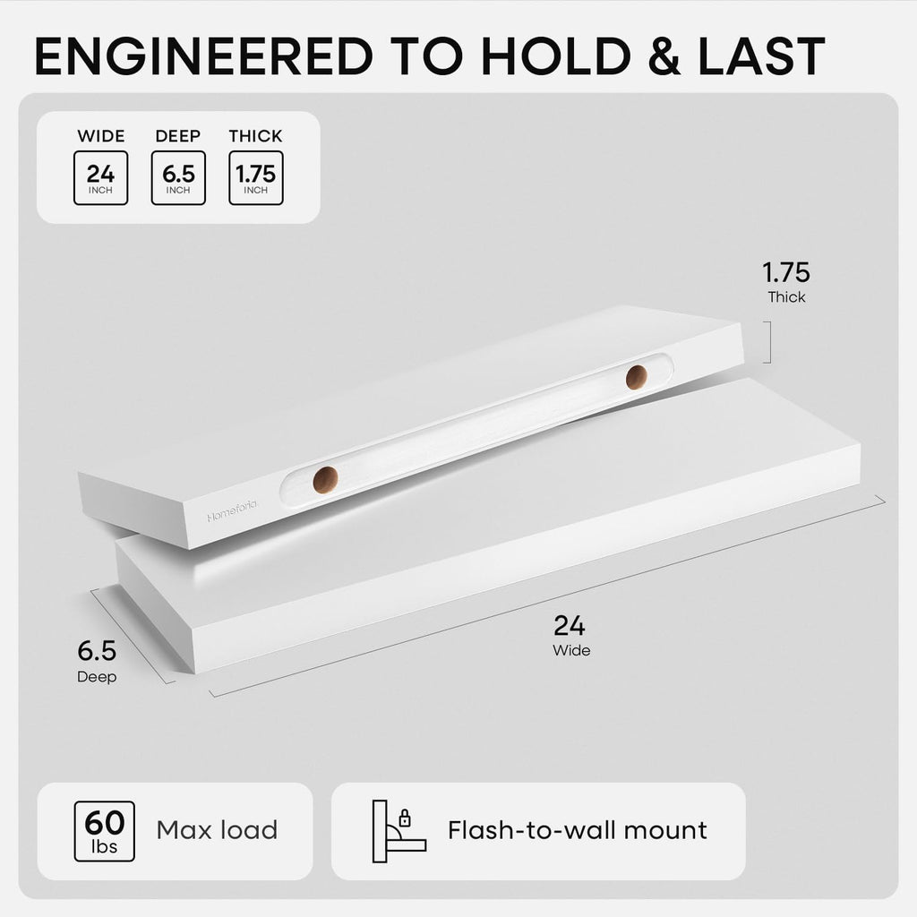 Homeforia White Floating Shelves 24 inch, High End Solid Real Wood 24inch Bathroom Floating Shelf for Wall Mounted, White Wooden 24in Floating Shelves, Heavy Duty Bracket, 24 X 6.5 X 1.75 in, Set of 3