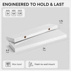 Homeforia White Floating Shelves 24 inch, High End Solid Real Wood 24inch Bathroom Floating Shelf for Wall Mounted, White Wooden 24in Floating Shelves, Heavy Duty Bracket, 24 X 6.5 X 1.75 in, Set of 3
