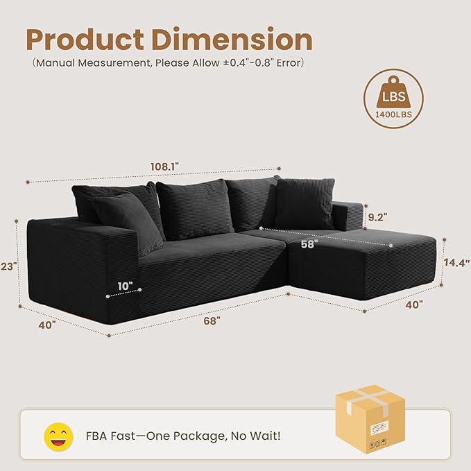 108" L-Shaped Boneless Couch, Modular Sectional Sofa with Moveable Ottoman, Corduroy Cloud Couches for Living Room, No Assembly, Ship in a Box, Black