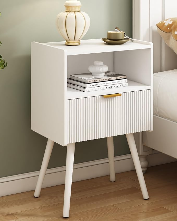 White Nightstand,Modern Bedside Table with Storage Drawer and Open Wood Shelf...