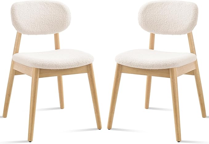 Wooden Dining Chairs Set of 2, Farmhouse Boucle Upholstered Kitchen Chairs, White