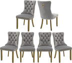 Velvet Dining Chairs Set of 6, High-end Tufted Upholstered Dining Chair with Back Ring Pull, Nailhead Trim and Golden Solid Wood Legs, Modern Dining Room Chairs for Dining Room, Light Gray