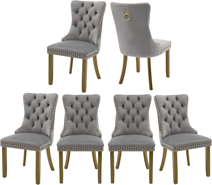 Velvet Dining Chairs Set of 6, High-end Tufted Upholstered Dining Chair with Back Ring Pull, Nailhead Trim and Golden Solid Wood Legs, Modern Dining Room Chairs for Dining Room, Light Gray