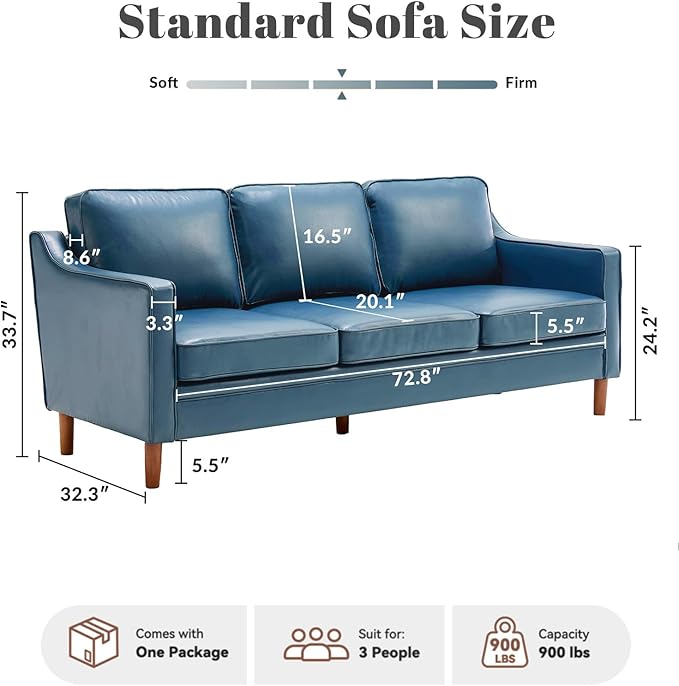 Kingfun Living Room Furniture Sets, 3 Seater Couch and Loveseat, Mid Century Modern Sofa Set, Chenille Couch with Solid Wood Frame for Living Room & Bedroom, Blue