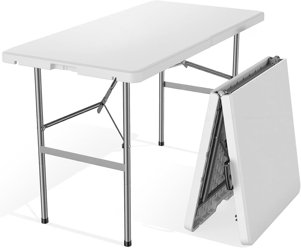 NEWBULIG 4 FT Foldable Table Easy to Fold and Store, Folding Picnic Table for Picnic Camping Kitchen Dining Party Outdoor Indoor with Carrying Handle, White